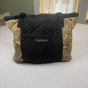 Longaberger Black Quilted Floral Tote Bag gingham‎ interior